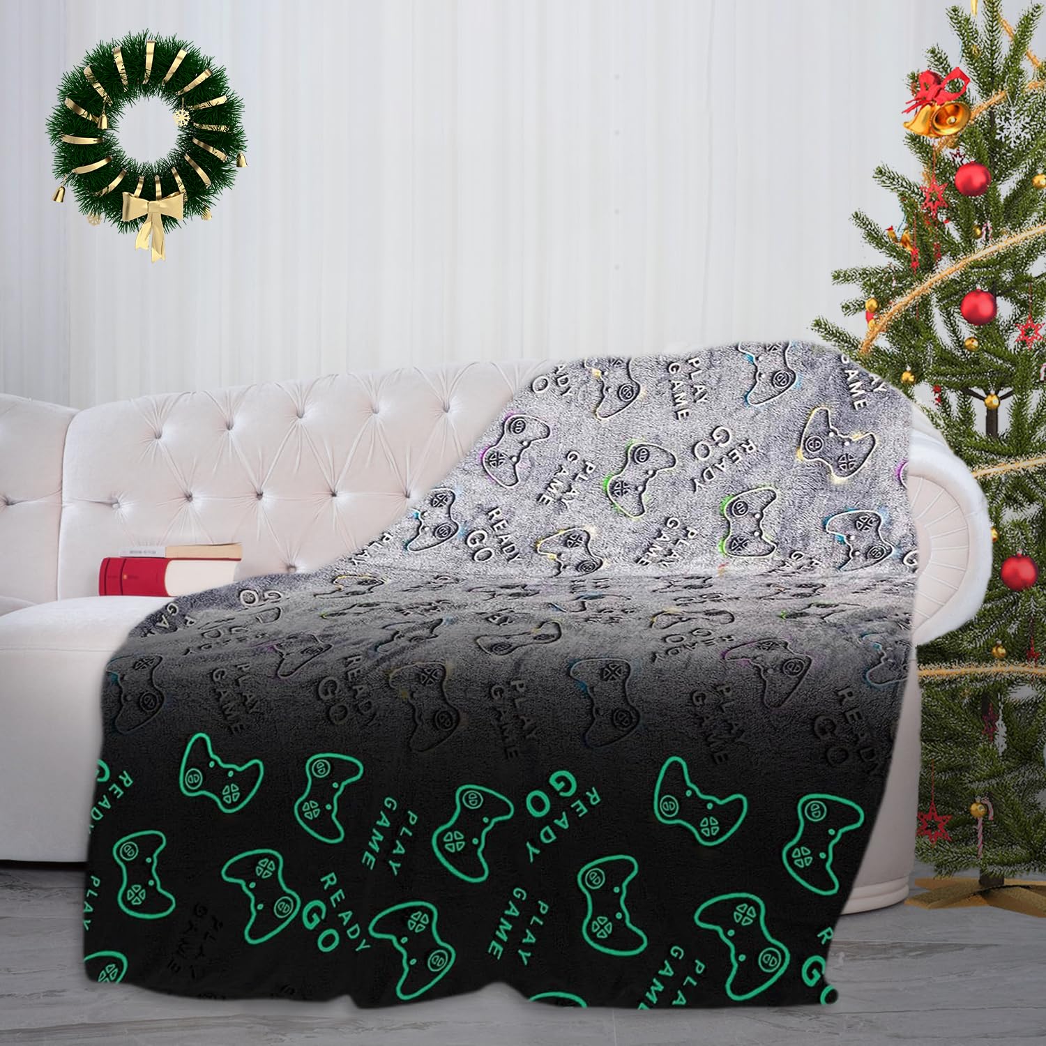 Glow in Dark Game Blanket, 59×51 Inch Soft Flannel Fleece All Season Throw Blanket with Cute Pattern for Christmas Kids Gift (Gray-Game)