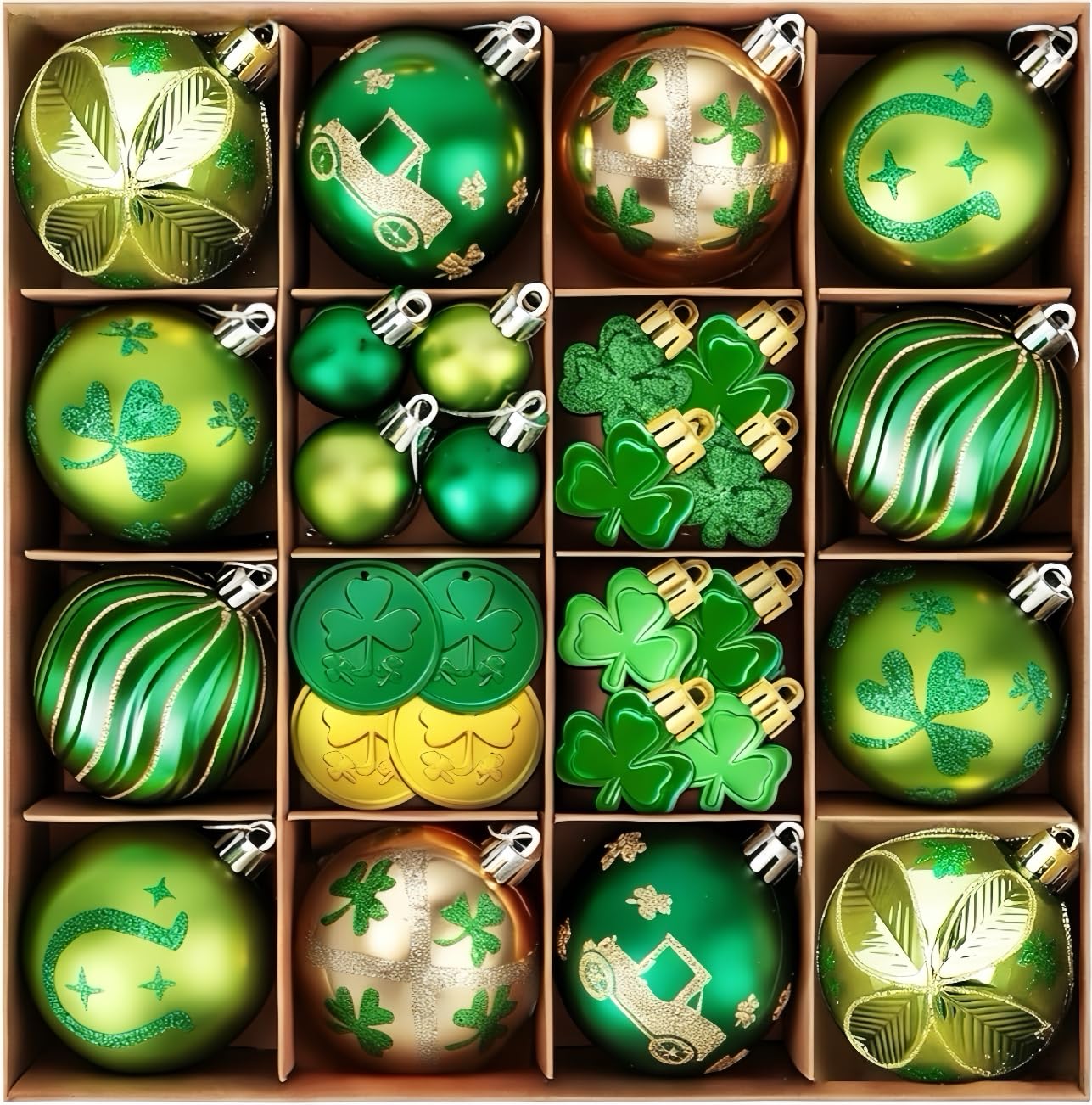 Photo 1 of **MISSING PIECES** Besslly 36Pcs Hanging Ball Ornaments St Patricks Day Decorations, Shamrock Tree Ornaments Irish Festival Good Luck Clover Green Gold Ball for Party Home Spring Shelf Shamrock Decorations