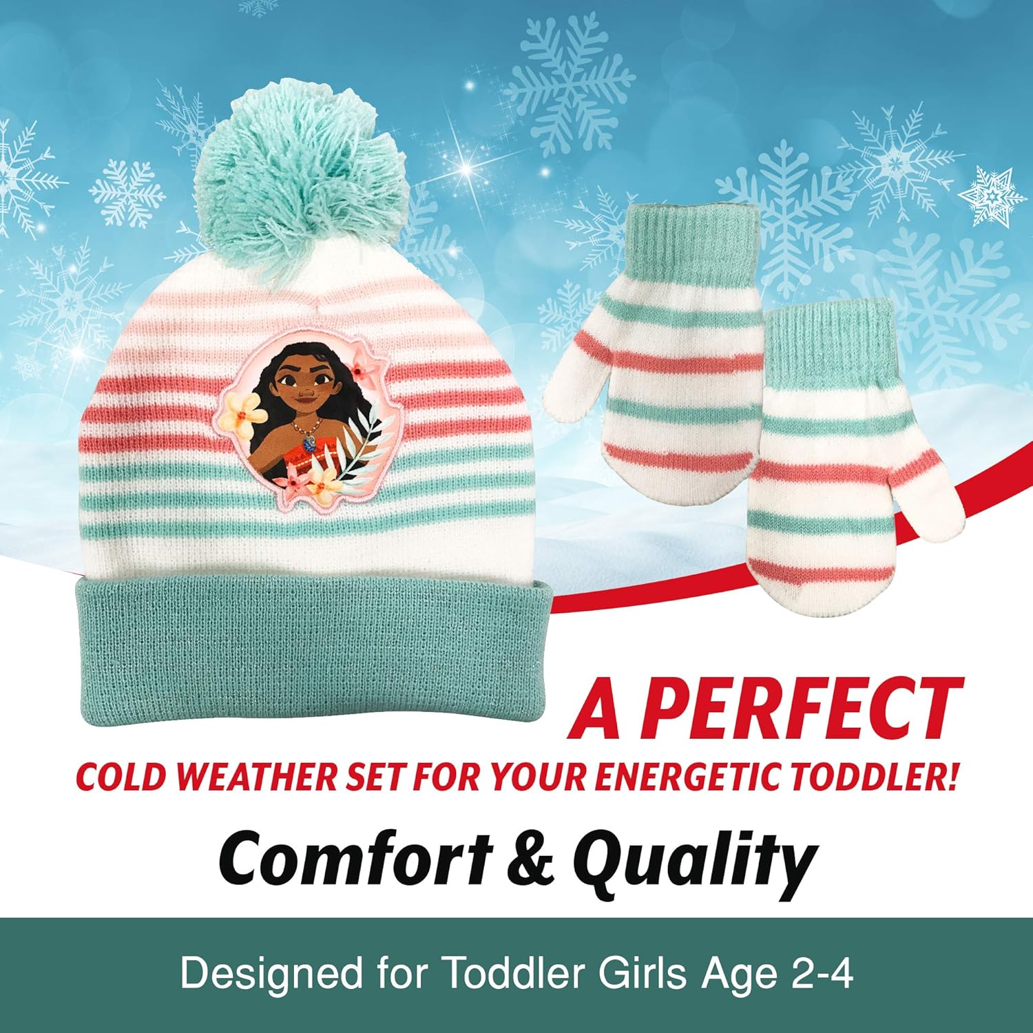 Disney Moana Girls Toddler Girls Beanie Winter Hat and Mittens Cold Weather Set, Age 2-4: Clothing