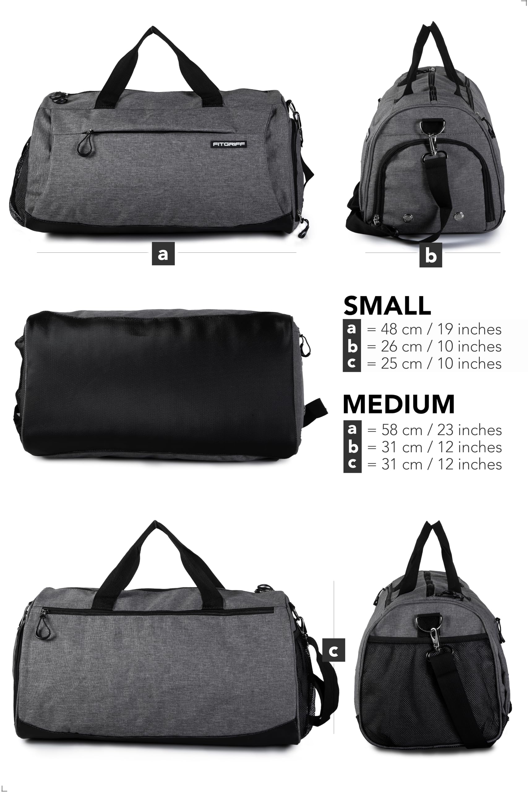 Fitgriff® Sporttasche & Reisetasche für Damen und Herren - mit Schuhfach & Nassfach - Tasche für Sport, Fitness & Reisen - Trainingstasche, Gym Bag (Grau, 48 x 26 x 25 cm (Small)) 6