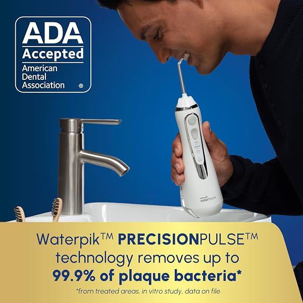 WATERPIK CORDLESS ADVANCED 2.0 WATER FLOSSER FOR TEETH, GUMS, BRACES, DENTAL CARE WITH TRAVEL BAG AND 4 TIPS, ADA ACCEPTED, RECHARGEABLE, PORTABLE, AND WATERPROOF, WHITE WP-580, PACKAGING MAY VARY