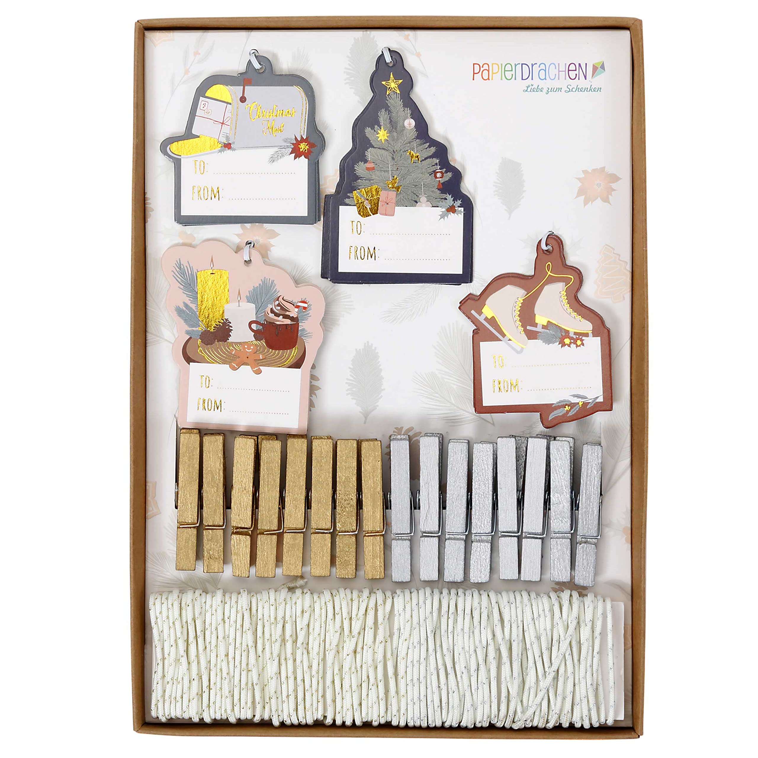 Papierdrachen Christmas Packaging Set with 16 Gift Tags, White Cotton Ribbon 2 x 5 m with Silver and Gold, 16 Wooden Pegs, Name Label, for Decorating Gifts