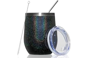 MEWAY Stemless 12oz Wine Tumbler Glasses with Lid -Insulated Double Wall Vacuum Stainless Steel Glitter Tumbler with Straw,Gi