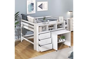 BOVZA Low Loft Bed Full Size with Desk, Drawers and Shelves, Wood Full Loft Bed Frame with Storage for Kids Girls Boys Teens, White