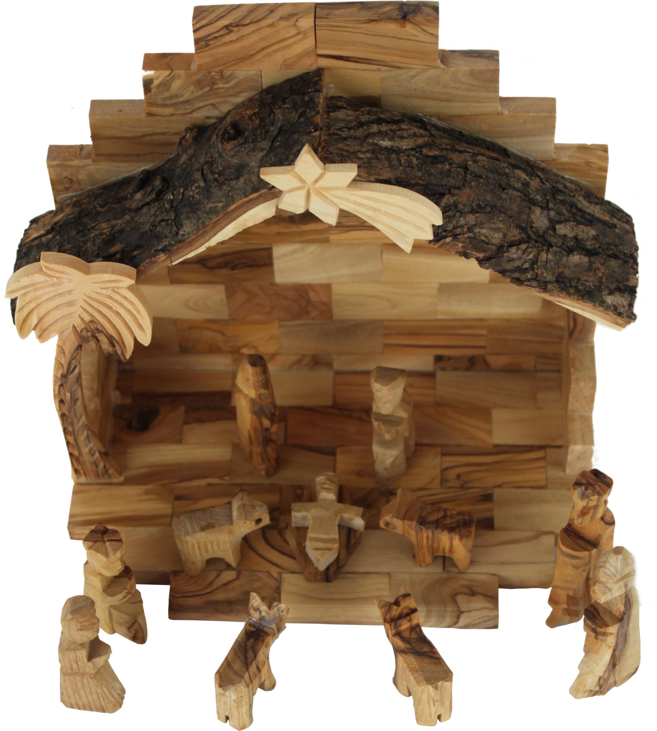 Holy Land Market Olive Wood Nativity Set with Rustic Stable (Bark Roof)
