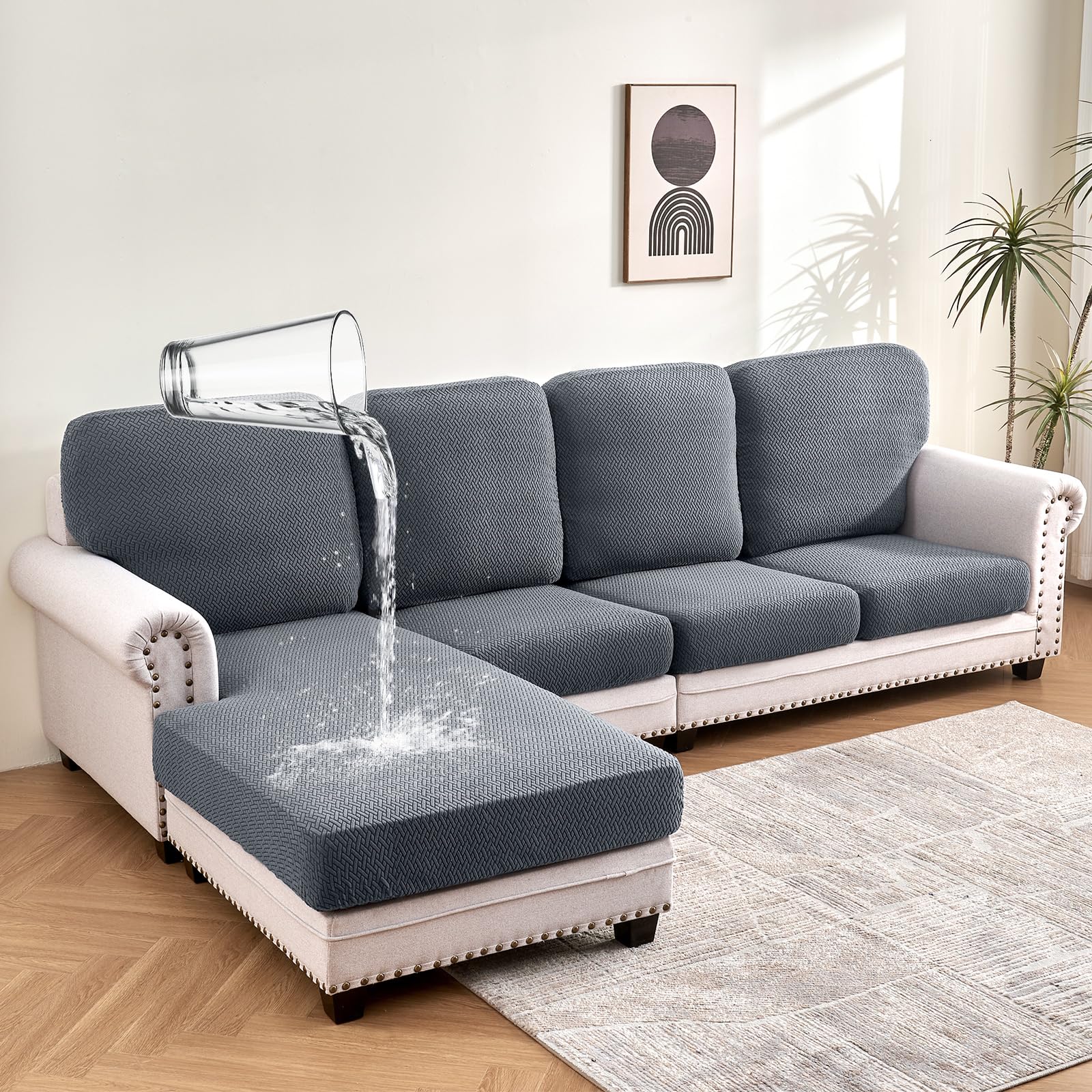 Photo 1 of Warmstar Waterproof Sectional Couch Covers 8 Pieces,Stretch Jacquard Thick Couch Cushion Covers Washable,Pet Friendly L Shaped Sofa Cover with Elastic Bottom(3 Seater+1 Chaise+4 Backrest,Dark Grey)