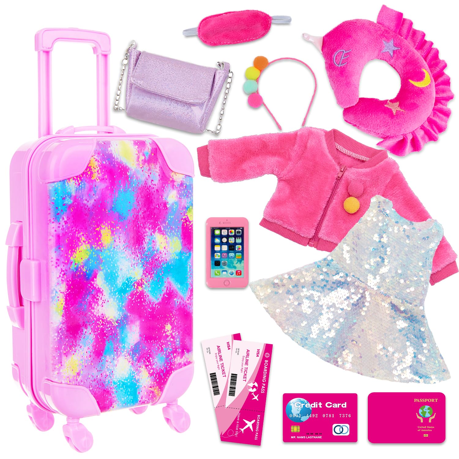 K.T. Fancy 18 Inch American Doll Clothes and Accessories, Doll Travel Suitcase Playset for Girls, Cute Travel Doll Clothes for 18 Inch Girl Doll(Not Include Doll & Shoes), Pink