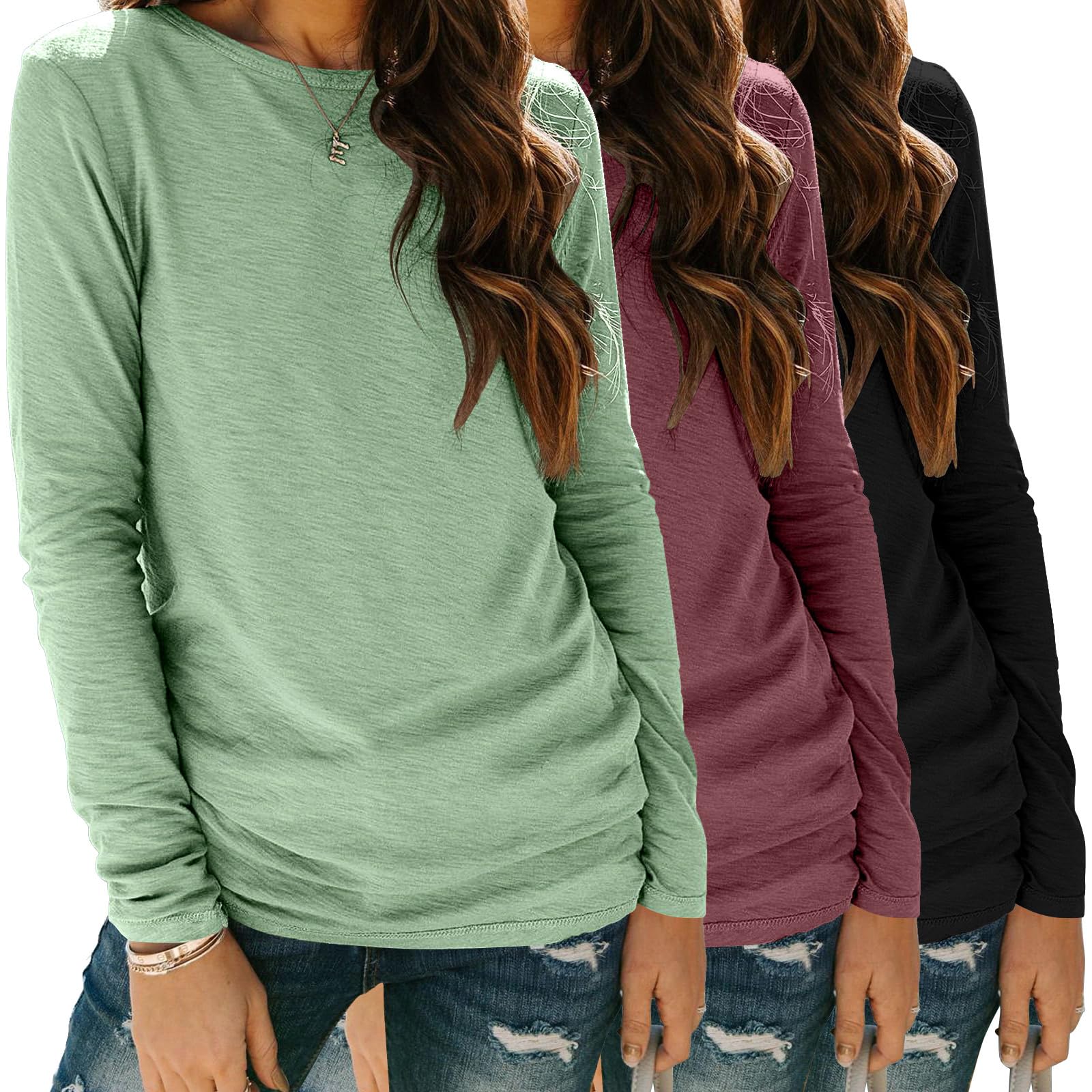 Zeagoo Womens T Shirts 2024 Long Sleeve Tops Loose Fit Crewneck Casual Tops 3 Pack Basic Tee Image