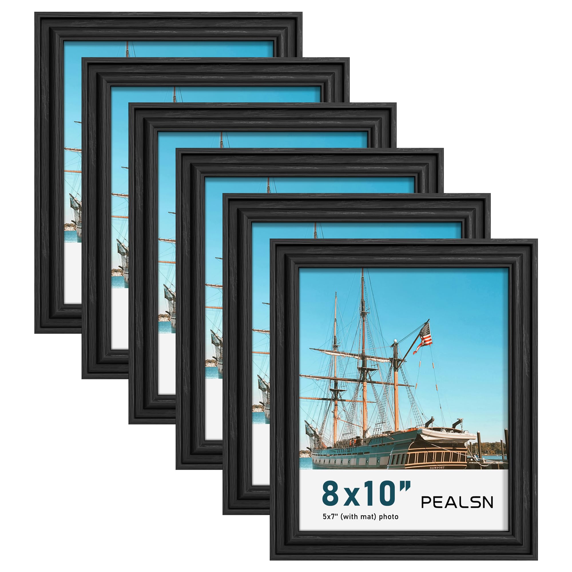 Photo 1 of PEALSN 8x10 Picture Frame Set of 6, Display Pictures 5 x 7 with Mat or 8 x 10 Without Mat, Wall Gallery Photo Frames for Wall Mounting or Tabletop Display, Black Woodgrain