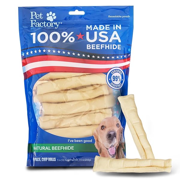 PET FACTORY 100% MADE IN USA BEEFHIDE 5″ CHIP ROLLS DOG CHEW TREATS – NATURAL FLAVOR, 18 COUNT/1 PACK