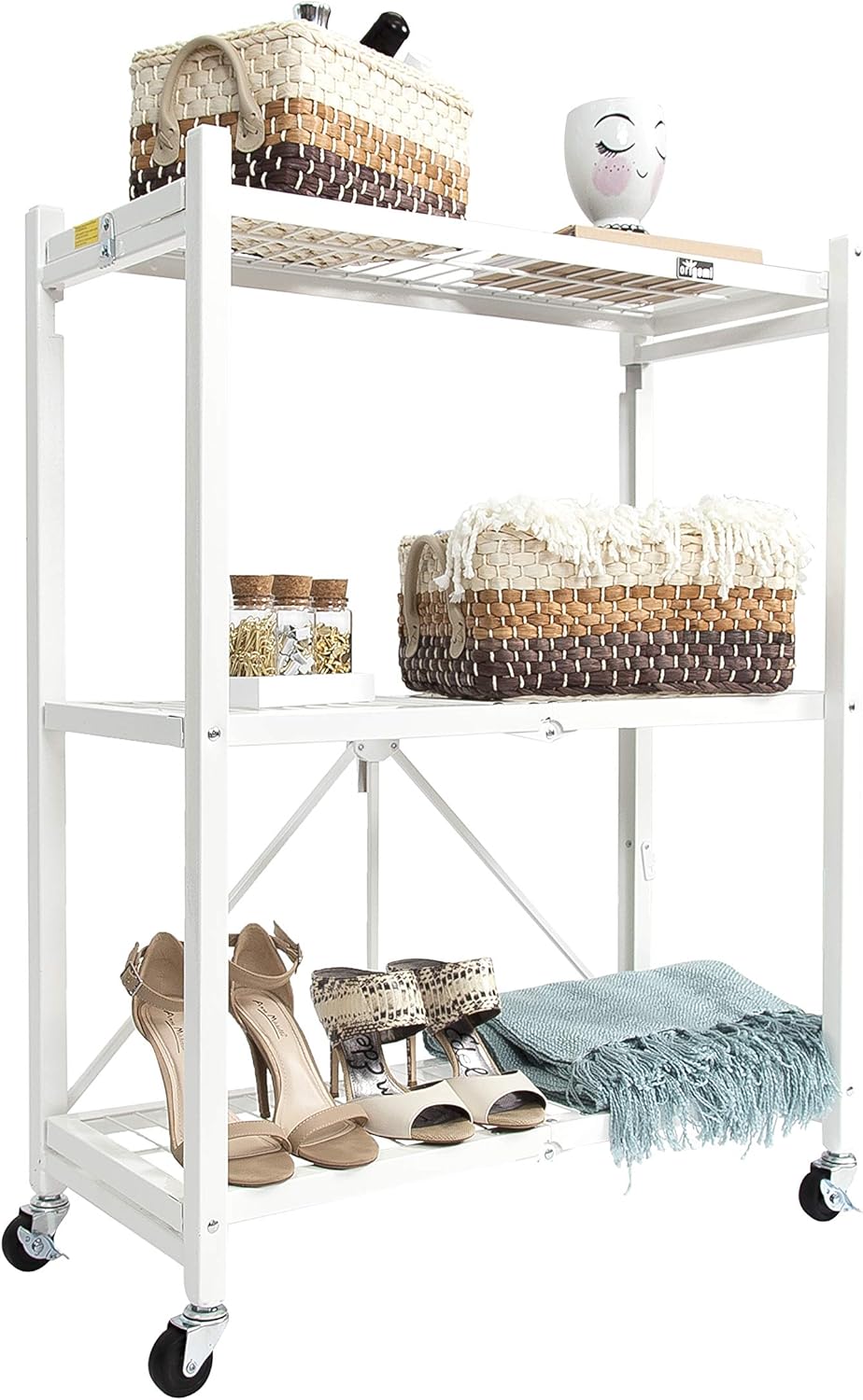 Origami Rack 3 Tier Foldable Storage Rolling Cart Metal Wire Organizer Shelves | Small Portable Pre-Assembled with wheels | 29" W x 13" D x 35.5" H | R3 Series White: Home Improvement