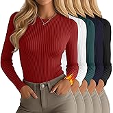 Oakgarden 5 Pack Women's 90% Cotton Thermal Shirts Long Sleeve Ribbed Fleece Lined Underwear Tops Slim Fit Warm Base Layer