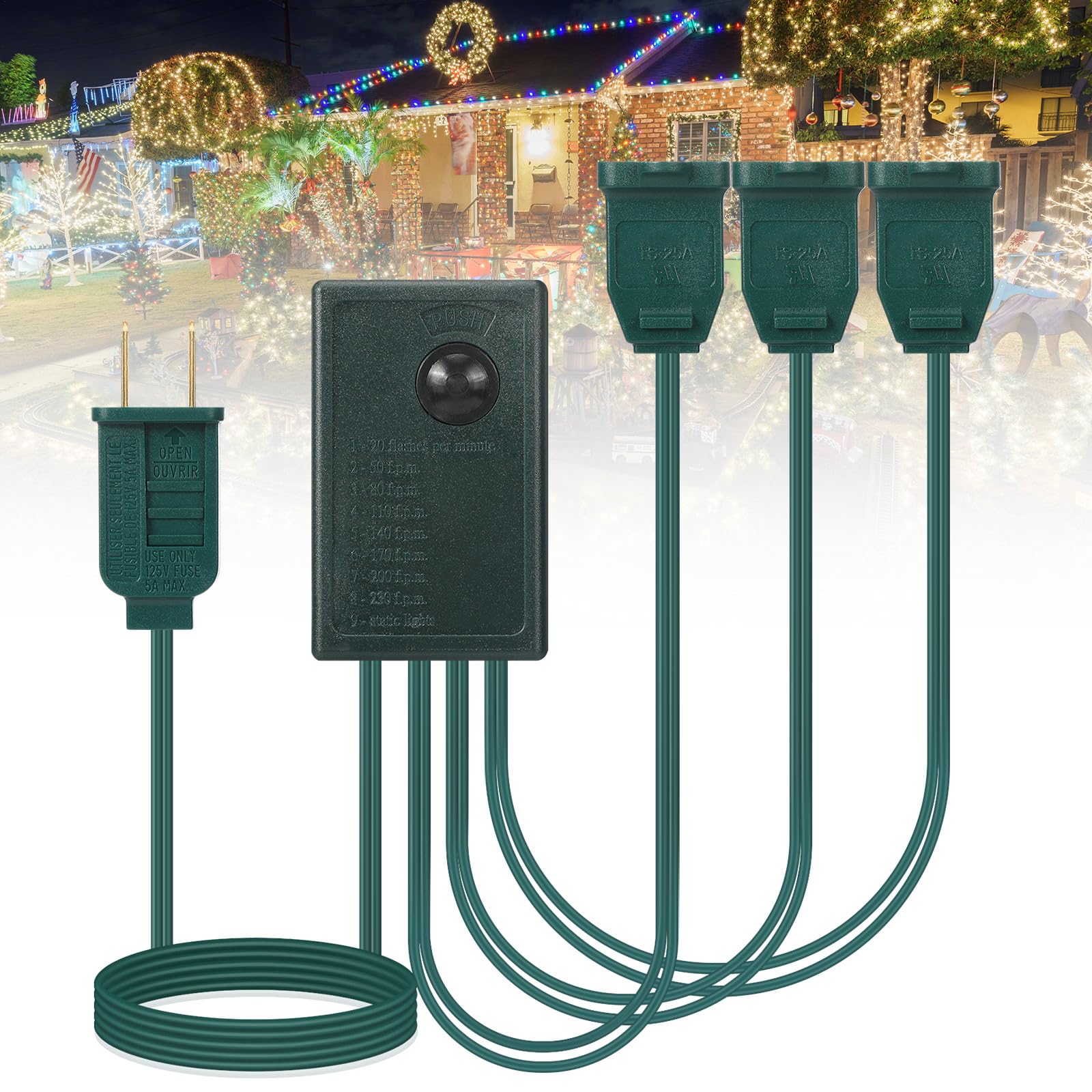 Photo 1 of Relaxweex Christmas Light Controller 9 Function Green Chase Controller with Push Button Christmas Light Display Control for Xmas Holiday Lights Outdoor Indoor Light Decorations(3 Channels)