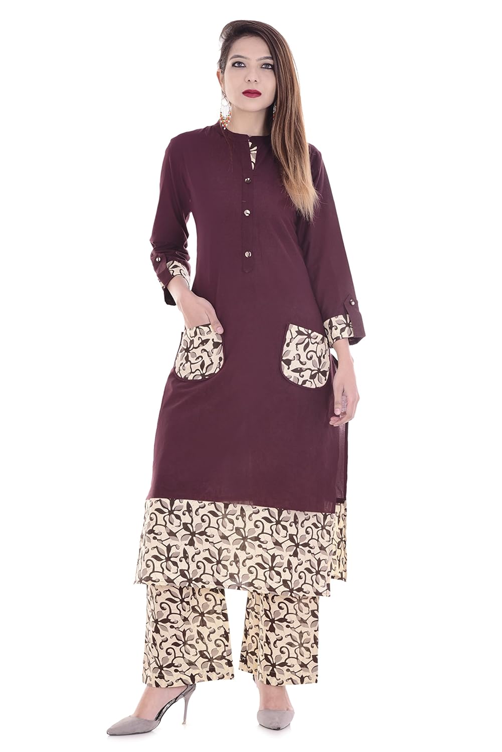 palakh women's cotton brown pocket kurti with beige printed palazzo