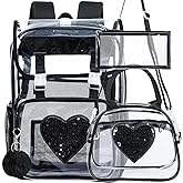ZLYERT 17" Sequin Clear Backpack for Girls - Sparkle Flip Design Stadium Approved 3Pcs Set, Heavy Duty PVC Bookbag for Concert/School (Black)