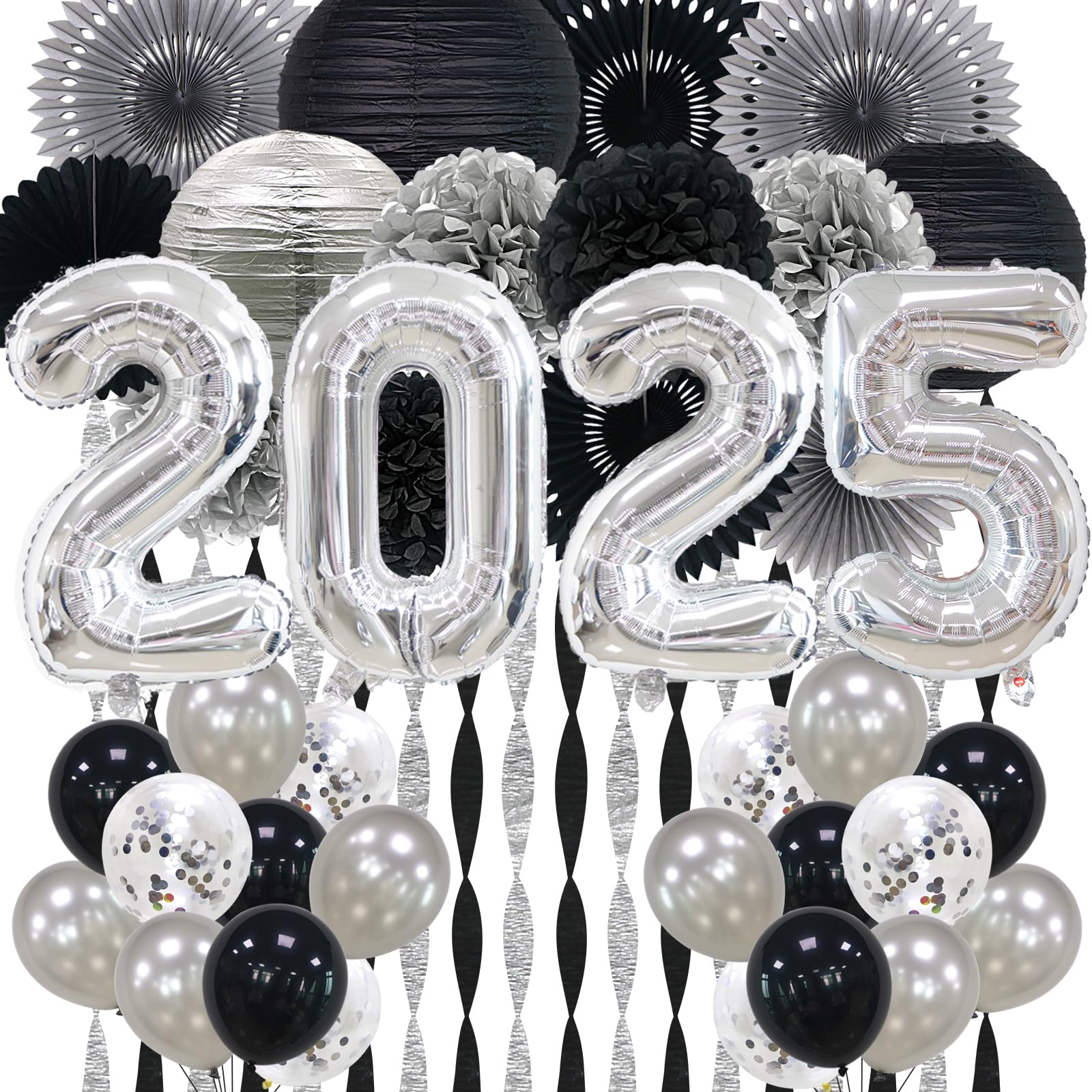 Photo 1 of 2025 Graduation Decorations silver and blake, Graduation Party Decorations, Silver Black 2025 Foil Balloons, Paper Streamers Pom Poms Flowers Fans Paper Lanterns for Prom Night Anniversary