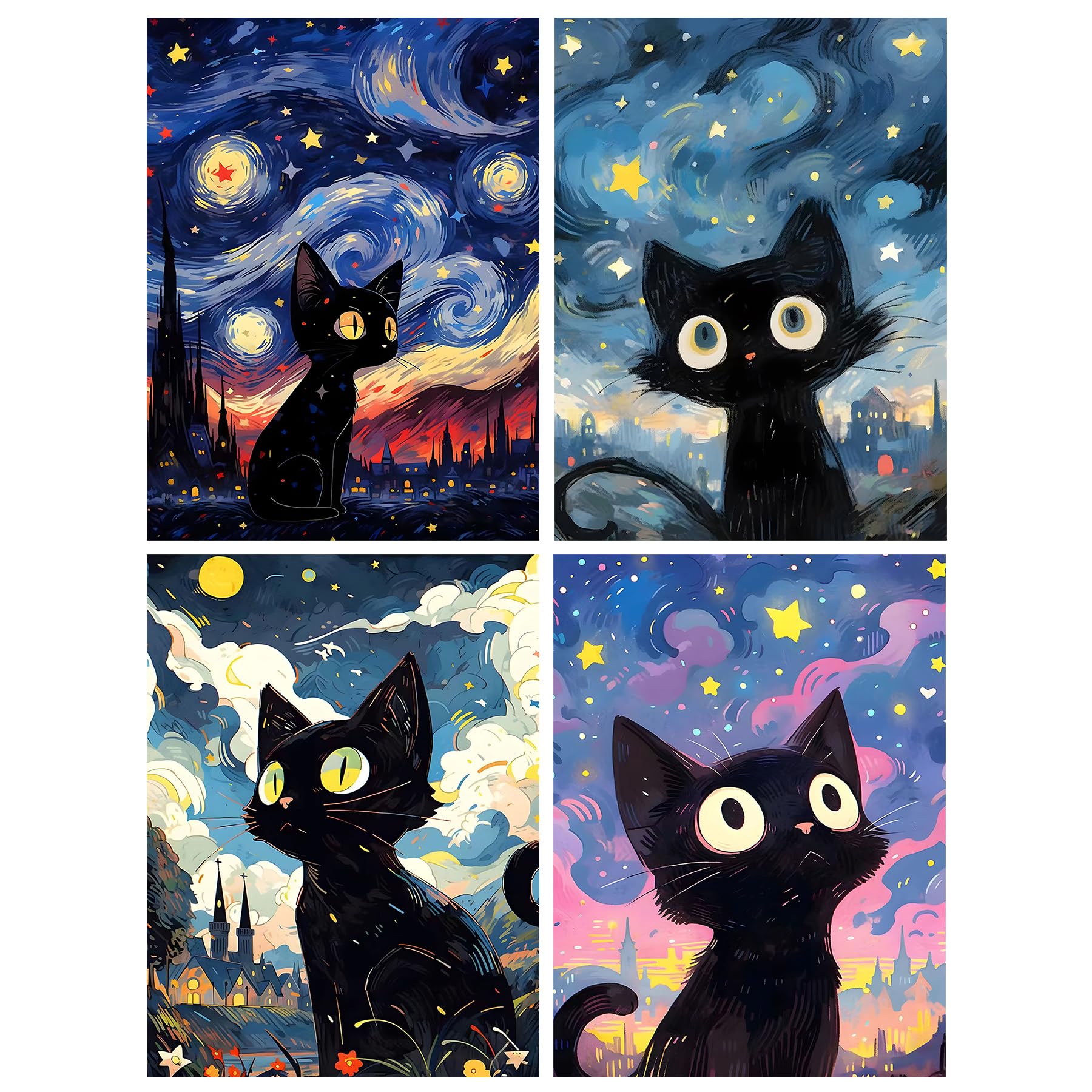 Bowetile 4 Pack DIY Starry Sky Diamond Painting, Cute Cat Diamond Art Painting Kits for Adults, Animal Full Drill Painting Rhinestone Embroidery Pictures for Beginner Home Wall Decor 30x40 cm