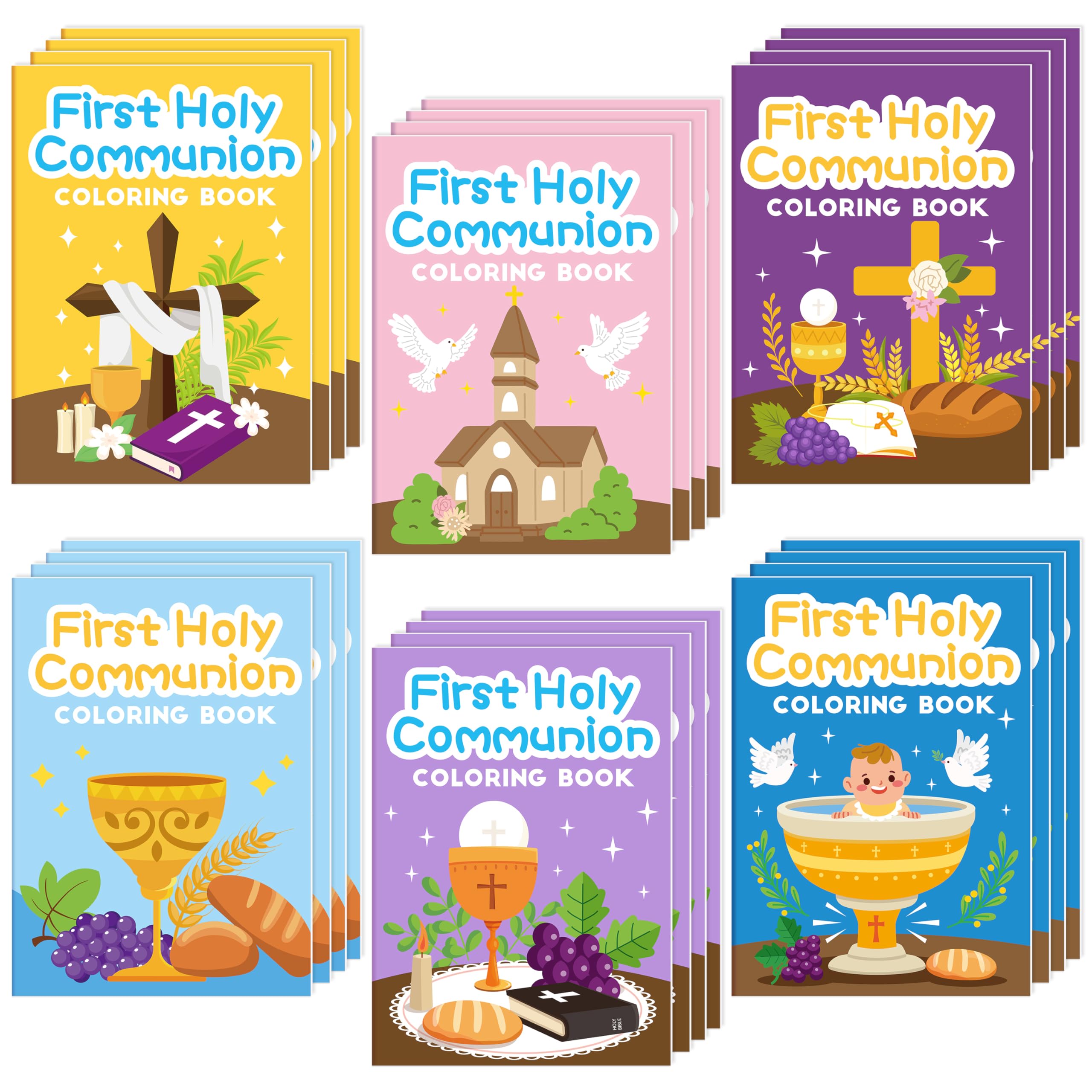2OOYA 24Pcs Cartoon Cross Coloring Books for Kids Party Bulk, First Holy Communion 6-Style DIY Color Pages Activity Book, Mini Pocket Painting Game for Classroom Reward Easter Birthday Gift Bag Filler