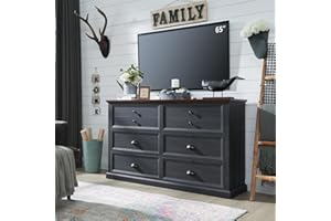 IFGET Farmhouse 6 Drawers Dresser for Bedroom, 58" Wide Dresser Chest of Drawers Organizer Storage, Wood Rustic for Closet w/Two Different Drawer Sizes for Living Room, Hallway, Dark Grey