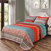 YASMENG Colorful Bohemian Quilt Set King Size Boho Red Blue Exotic Striped Printed Bedspread Set 3 Pieces Vibrant Vintage Ethnic Mandala Microfiber Bed Coverlet for All Seasons