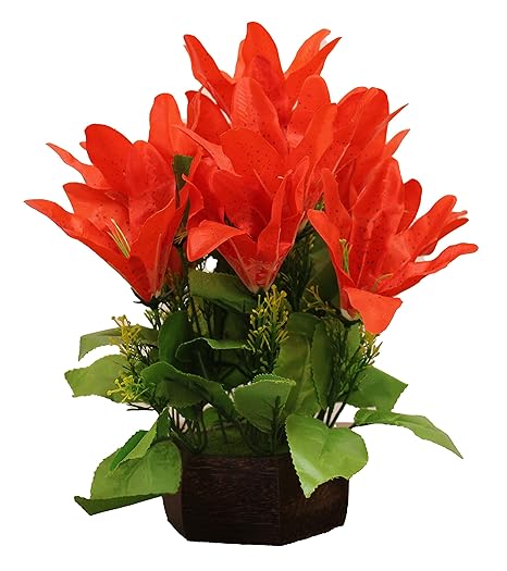 TFH Artificial Lily Bonsai Plant With Wooden Pot (Red, Pack Of 1 )
