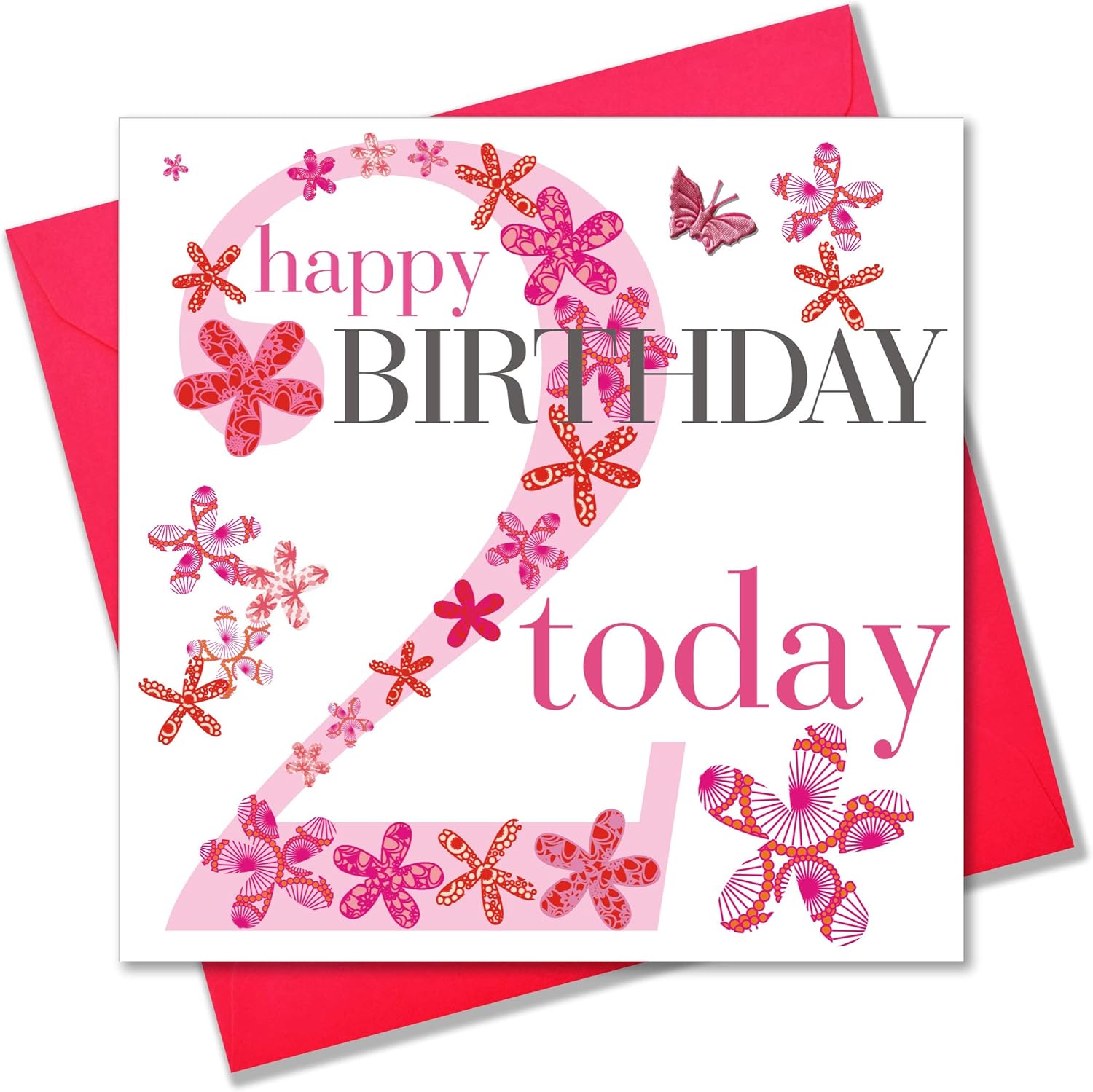 Claire Giles Greeting Cards, Happy 2nd Birthday Card, Girl Pink Age 2 Birthday Greeting Card, Embellished with a Fabric Butterfly