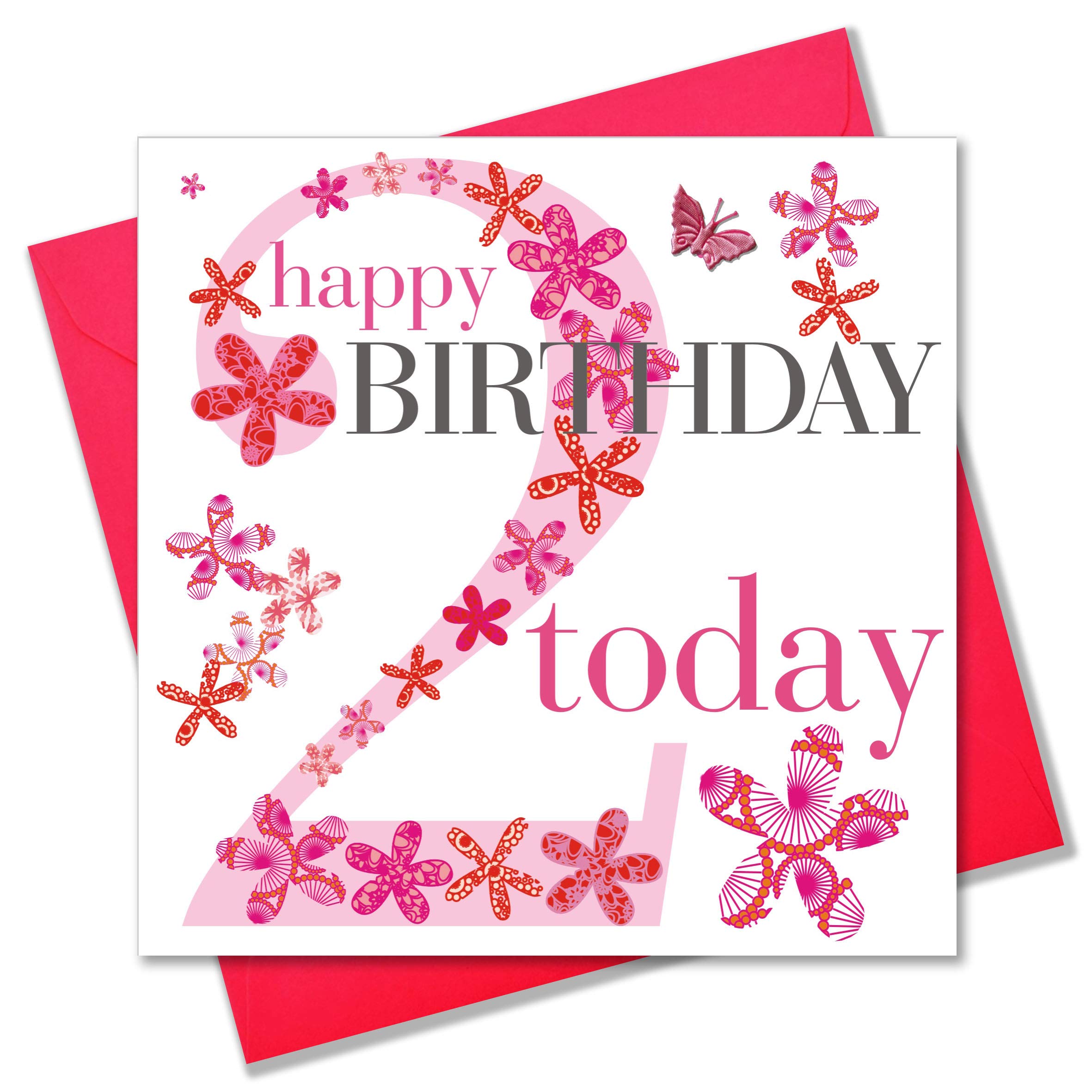 Claire Giles Greeting Cards, Happy 2nd Birthday Card, Girl Pink Age 2 Birthday Greeting Card, Embellished with a Fabric Butterfly