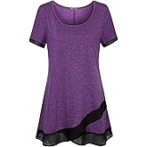 Miusey Womens Short Sleeve Tunic Tops Scoop Neck Asymmetrical Hem Tunics Chiffon Patchwork Flowy Tunic Shirts for Leggings