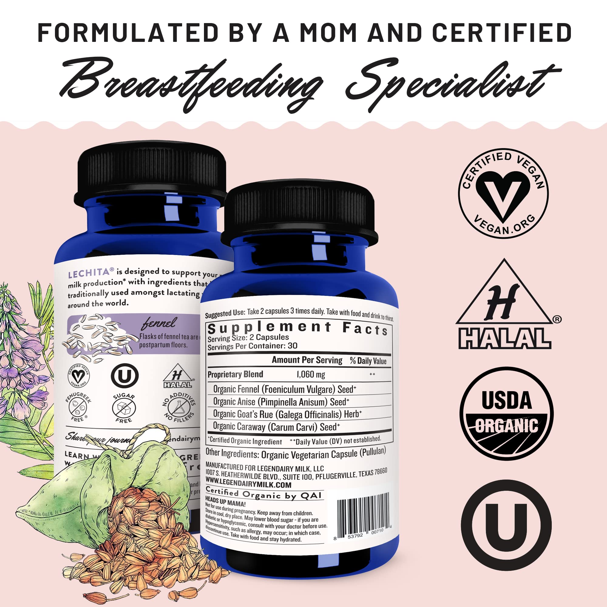 Legendairy Milk Lechita, Supports Milk Flow, Organic Fenugreek Free Breastfeeding Supplement, Organic Fennel & Anise, Made in USA, 60 Vegan Capsules