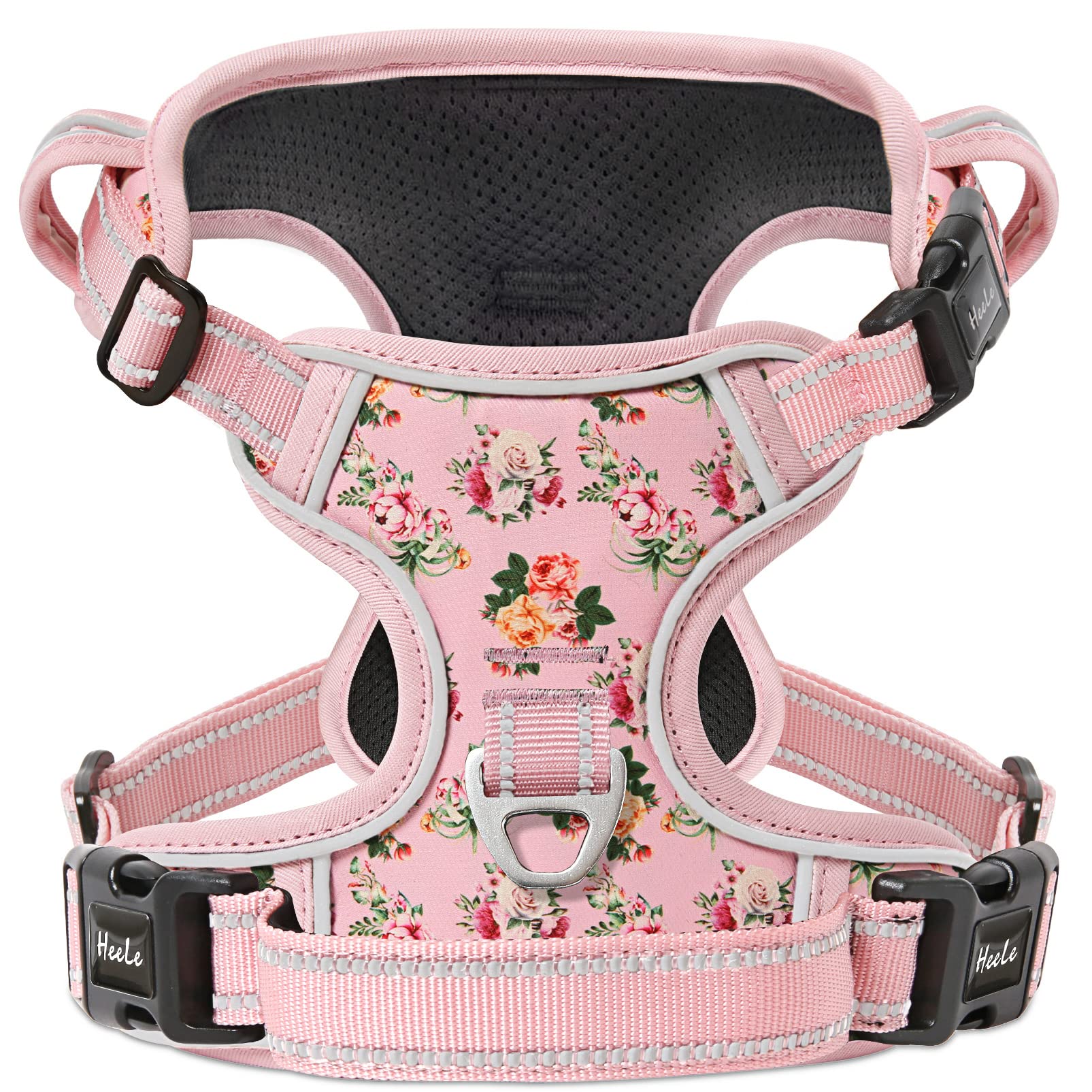 HEELE Dog Harness, No Pull Dog Harness Small, Release on Neck, Front Back Clips Dog Vest Harness Reflective Adjustable Padded, Easy Control Handle for Outdoor Walking Training, Floral-Pink, S