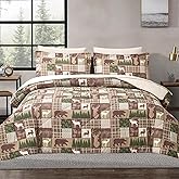 Comforter Set Queen Size Bear Moose Plaid Comforter Bedding-7 Piece Bed in a Bag,Soft Reversible Patchwork Microfiber Bedding Set (1 Comforter,1 Flat Sheet,1 Fitted Sheet,2 Pillowcases,2 Pillow Shams)