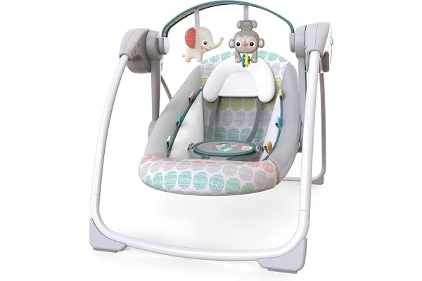 Bright Starts Portable Automatic 6-Speed Baby Swing, Compact Easy-Fold, Music, Toy Bar, 0-9 Months 6-20 lbs (Whimsical Wild)