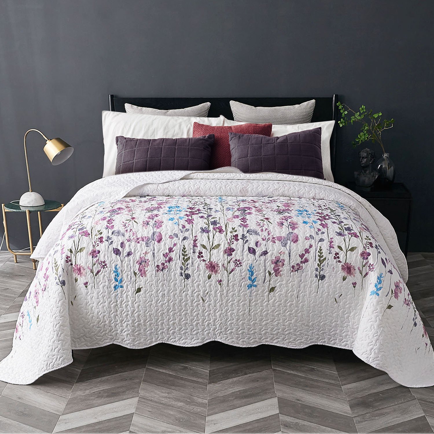 Bedsure Copriletto Trapuntato Floreale Stampato 240x260cm - Trapunta copriletto Microfibra Leggera con Motivo Floreale