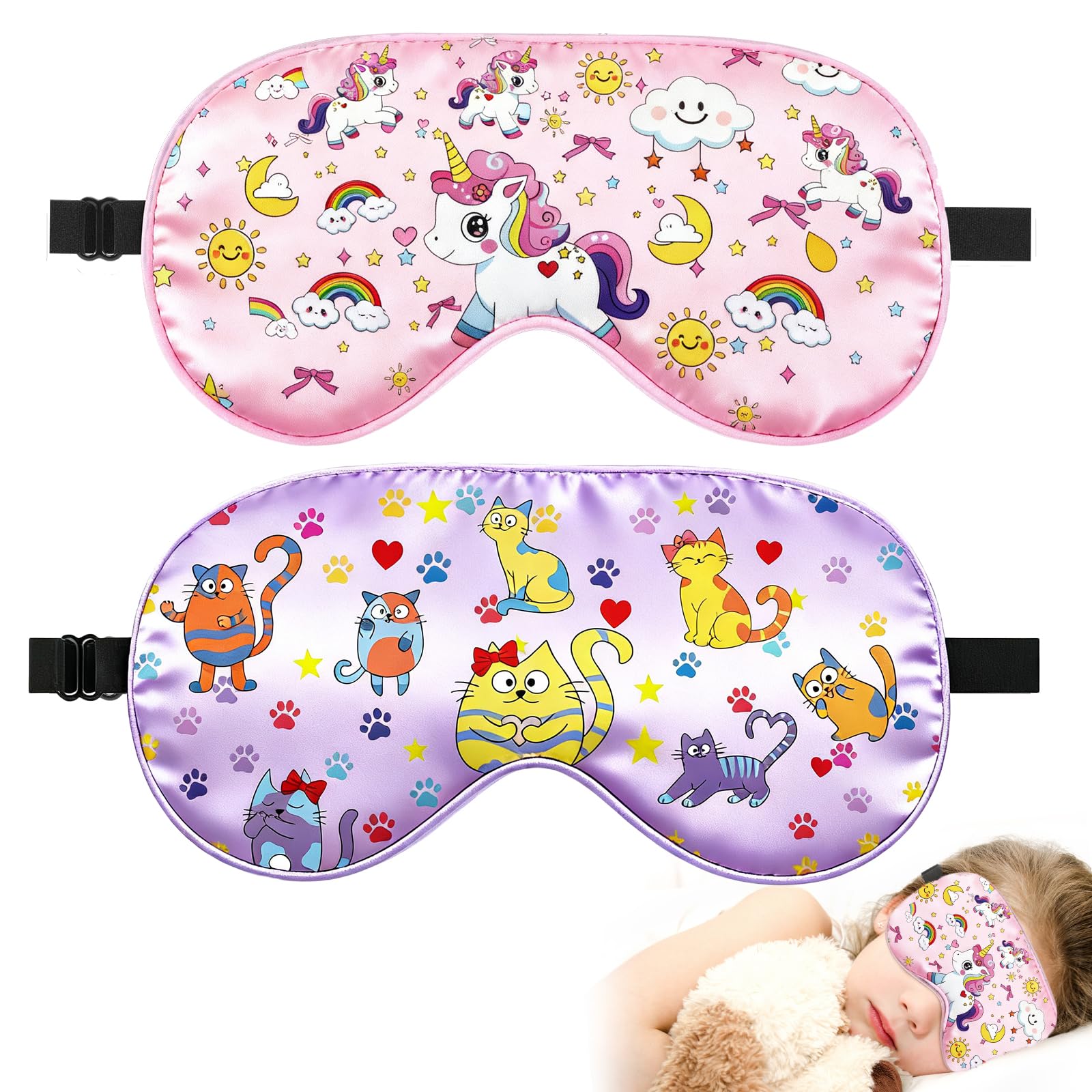 Photo 1 of ***MISSING ONE PIECE***
2 Pcs Sleep Mask for Kids Girls, Silk Eye Covers for Sleeping, Adjustable Strap & Light Blocking Design, Children's Bedtime Blindfold for Travel and Home Use (Rainbow Unicorn)