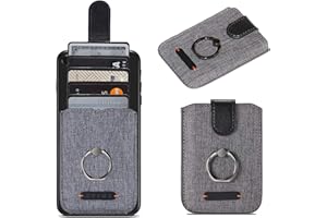 BIAJIYA Card Holder for Back of Phone RFID 5 Pull Credit Card Cash Cell Wallet Pocket Canva Leather Case for Smartphones (Dark)