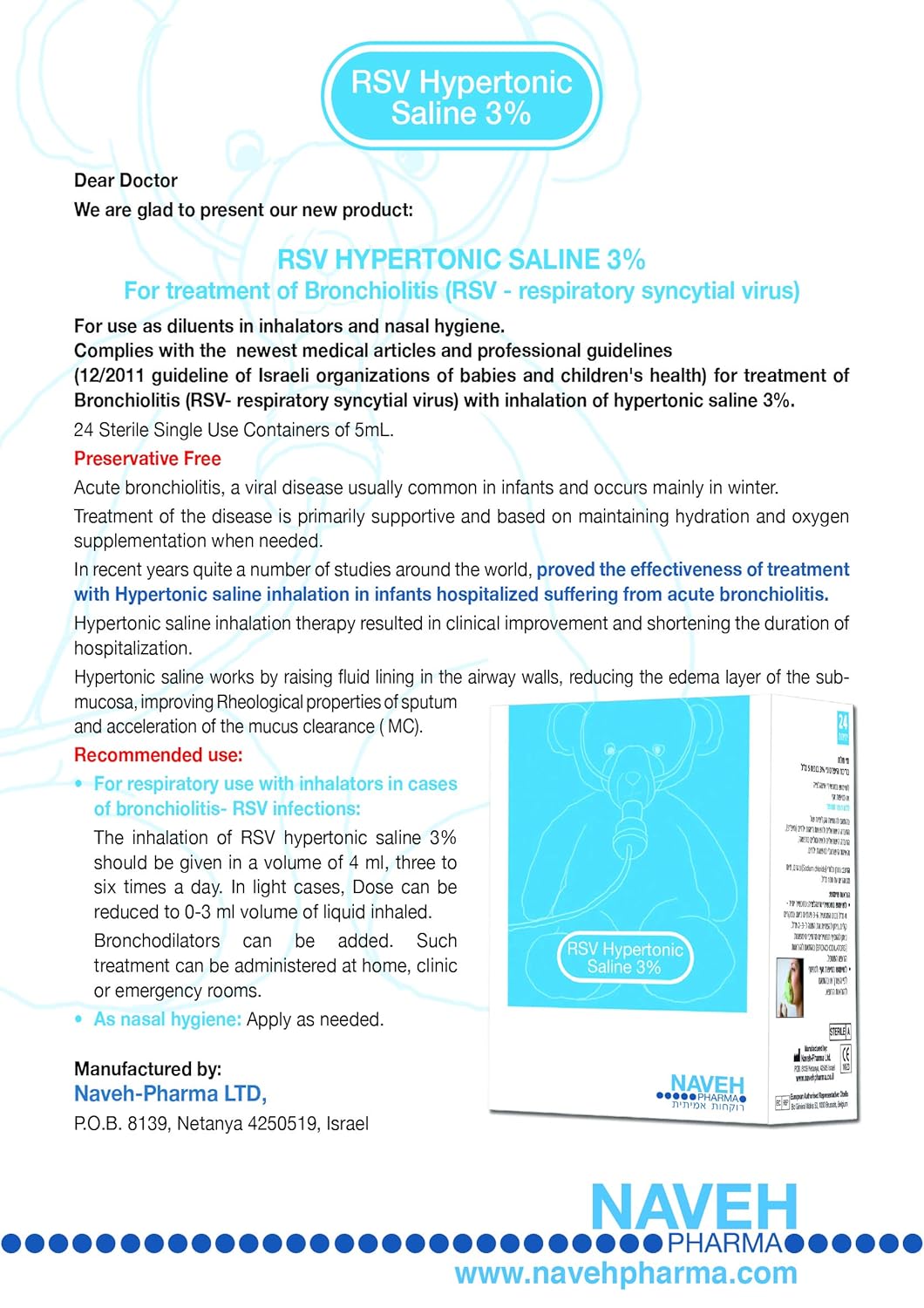 RSV Hypertonic Saline 3% use as diluents in inhalators (BRONCHIOLITIS) 25 UNI DOSES Bronchiectasis : Beauty
