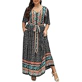Nemidor Plus Size Women Summer Maxi Dress Floral Print Short Sleeve V Neck Casual Boho Long Dresses with Pocket