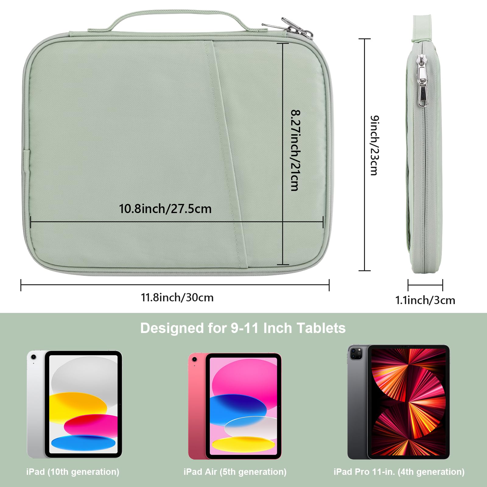 Tablet Carrying Case 9-11 Inch Padded Travel Sleeve Bag for iPad | Pro 11-in (M4) | 10.9 (10th Gen) | Air 11-in (M2) | Galaxy Tab S9/S8 | Mint Green-11