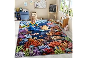Amearea Soft 8x10 Kids Area Rug for Bedroom Playroom Classroom, Colorful Sea World Washable Non-Slip 8 x 10 Area Rug, Fish Coral Reef Ocean Theme Play Mat Carpet for Boy Girl Room Nursery Decor, Blue