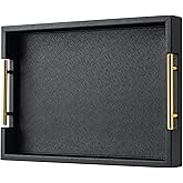 Black Rectangle Serving Tray with Gold Handles for Party,Large Wood Decorative Tray for Ottoman,Faux Leather Coffee Table Tray Decor