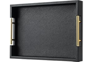 Black Rectangle Serving Tray with Gold Handles for Party,Large Wood Decorative Tray for Ottoman,Faux Leather Coffee Table Tra
