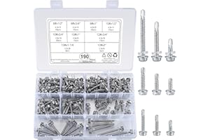 wugongshan 190 Pcs 410 Stainless Steel Self Tapping Tek Screws, Hex Head Self Drilling Screws, 8#10#12 Hex Washer Sheet Metal Screws with Drilling Tail and Washer for Metal, Wood, and Plastic
