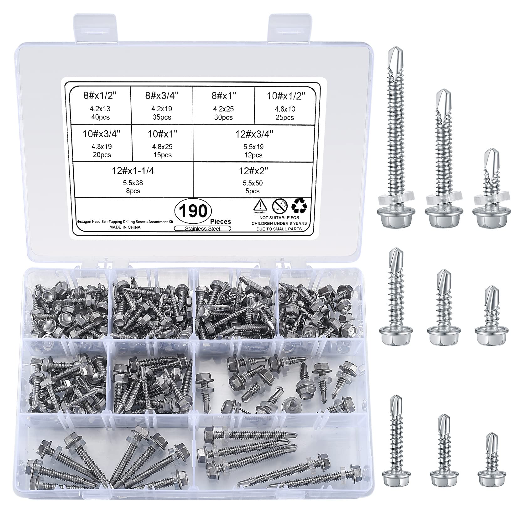 wugongshan 190 Pcs Self Drilling Screws with Hex Washer Head, M4.2/M4.8/M5.5 410 Stainless Steel Sheet Metal Tek Screws Assortment Kit, Self Tapping Roof Wood Construction Building Self Drilling — image 1