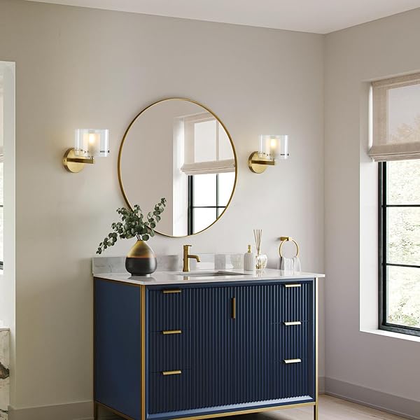 BREOMO BATHROOM WALL SCONCES, WITH DOUBLE CLEAR GLASS SHADES, GOLD WALL LIGHTS FOR BEDROOM, HARDWIRED MODERN VANITY LIGHTS FOR LIVING ROOMS, AND HALLWAYS. E12 SOCKET (GOLD, 2 PIECES)