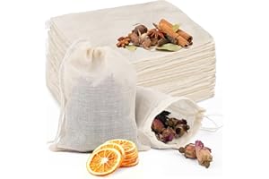 GliSun 50 Pcs Muslin Drawstring Bags Reusable Tea Bags Natural Cotton Unbleached Small Cheese Cloth Bag for Cooking Straining Soup Sachet Coffee Tea Brew Spice (4 x 3 Inches)