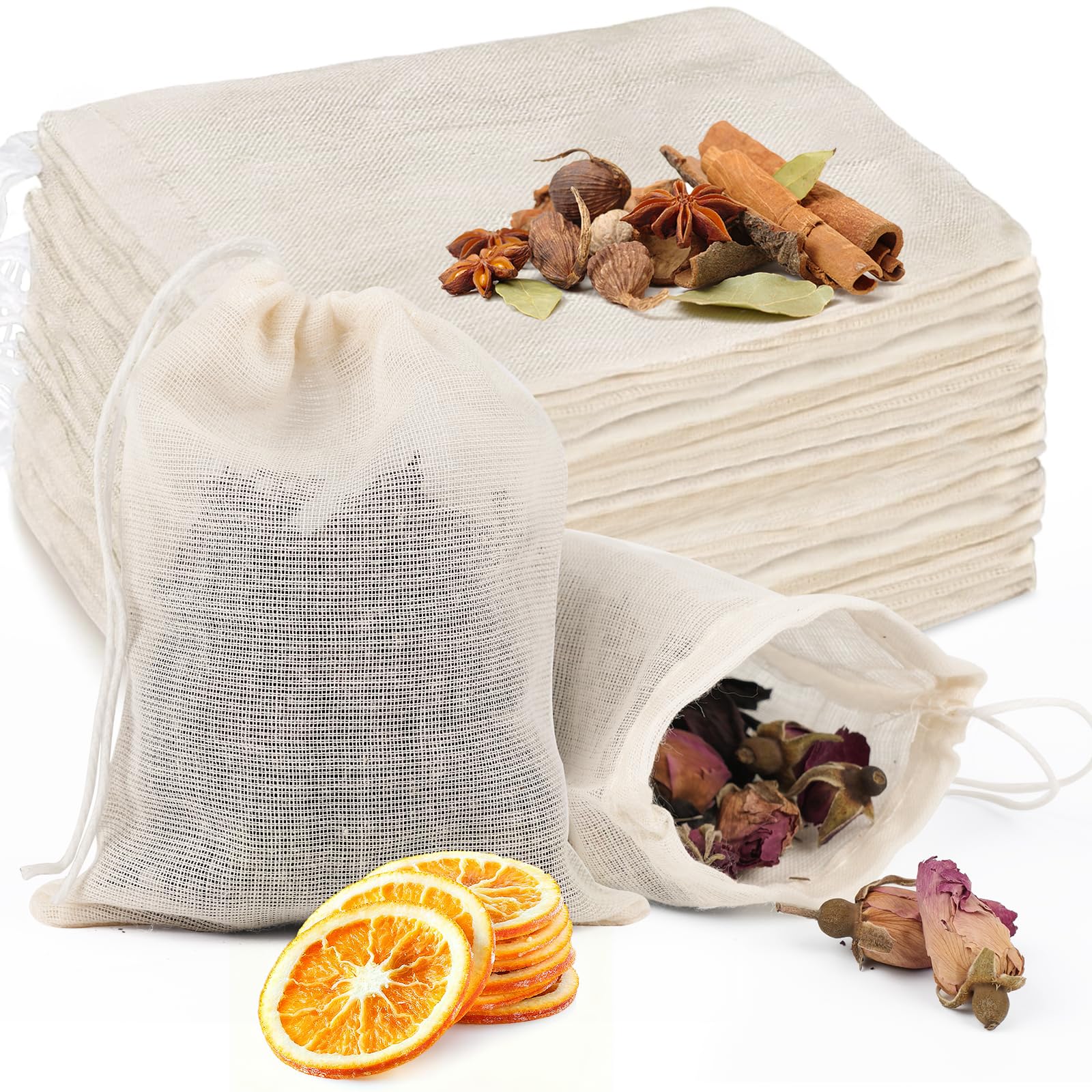 GliSun 50 Pcs Muslin Drawstring Bags Reusable Tea Bags Natural Cotton Unbleached Small Cheese Cloth Bag for Cooking Straining Soup Sachet Coffee Tea Brew Spice (4 x 3 Inches)