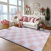 KICMOR Light Pink and White Rugs for Bedroom Girls, 4x6 Fluffy Fuzzy Checkered Shag Area Rug Shaggy Bedside Carpet, Soft Plush Cute Rug for Toddler Kids Baby Nursery Teen Dorm Living Room Home Decor