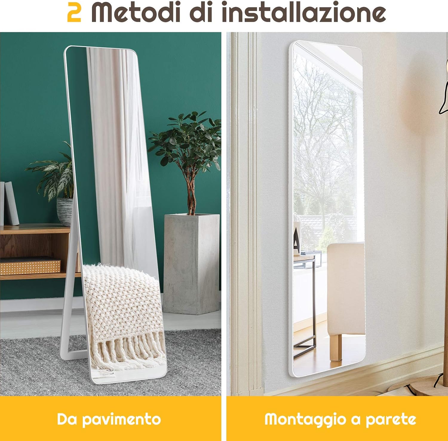 Specchio Da Terra Regolabile In Legno Bianco Opaco | 160x45 Cm | Per Camera E Soggiorno