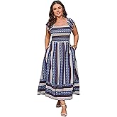 ShopWonder Women Plus Size Maxi Dress Smocked Short Sleeve High Waist Boho Casual Summer Dress