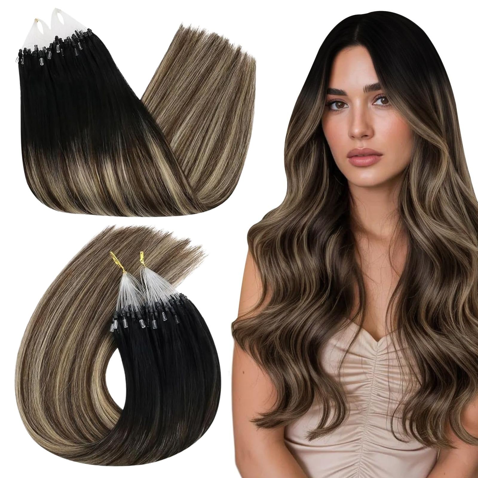 Ugeat Microring Human Hair Extensions 24 Inch Loops Hair Extensions Real Human Hair Balayage #1B/4/27 Off Black to Dark Brown with Caramel Blonde Human Hair Extensions Loops 50 Grams